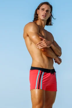 Hot Capri Coral Stripe Retro Lycra Swimmer Swim Trunks