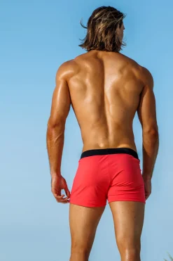 Hot Capri Coral Stripe Retro Lycra Swimmer Swim Trunks