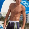 Fashion Navy & Lime Stripe Retro Lycra Swimmer Swim Trunks