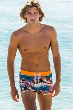 Online Sunset Palms Retro Lycra Swimmer Swim Trunks