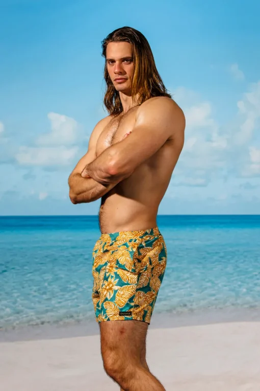 New Yellow-Green St. Tropez Flower Pull-on Trunks Board Shorts | Men's Summer